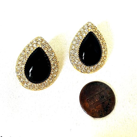VTG Signed Roman Black Stone Clear Crystal Rhinestone Teardrop Earrings Gold T. - Picture 8 of 8